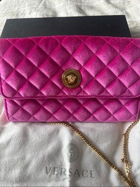 Versace Pink Quilted Velvet Shoulder Bag with Gold Medallion